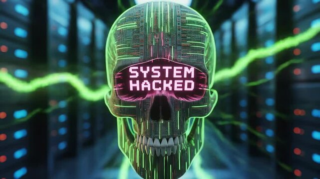 Digital skull displaying system hacked message against server racks cybersecurity image for technology presentation web design marketing collateral or digital art