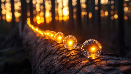 Obraz premium Warm lights strung along a fallen log in a forest at sunset