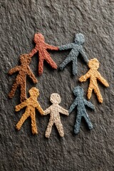 Colorful paper people holding hands forming a circle on a dark textured background