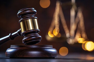 Judge gavel resting on sounding block with scales of justice and bokeh effect in background