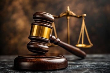 Judge's gavel resting on sound block with scales of justice in background