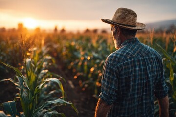Senior farmer walking in corn field at sunset enjoying the view