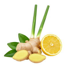 Fresh ginger root with lemon and leaves isolated on transparent background