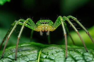 Bright green jumping spider standing on a leaf
