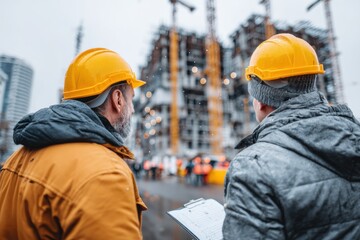 Engineers inspecting building under construction during winter snowfall