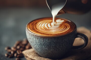 Barista pouring milk into a cup of coffee creating latte art