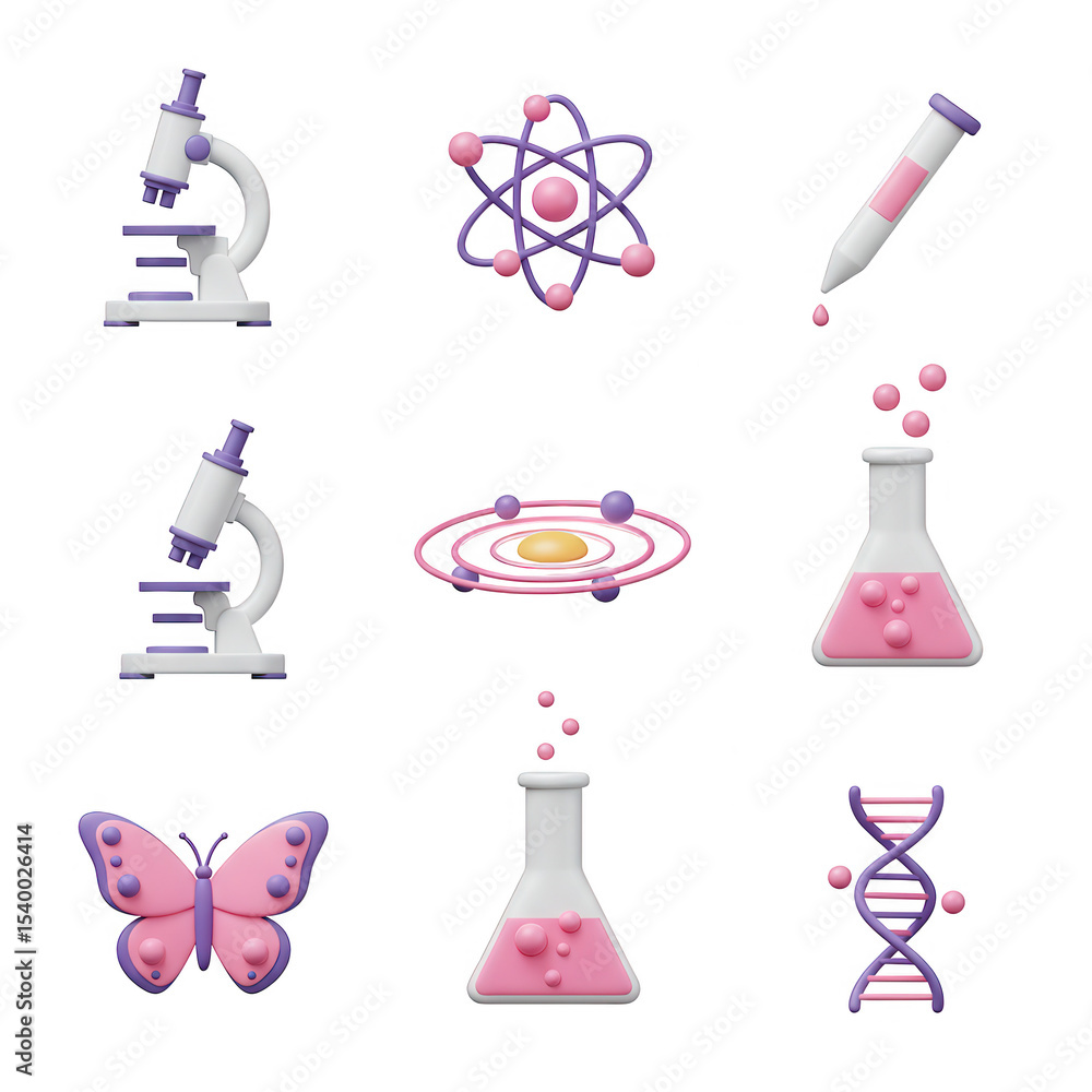 Poster science icons set 3d render isolated on transparent background