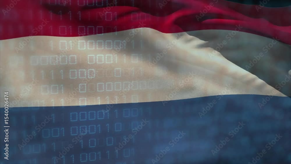 Poster gentle breeze causing flag undulating with binary code fading on fabric for digital theme style