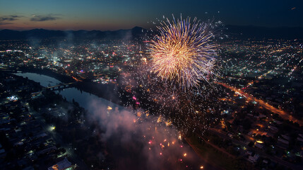 ビル群と川辺を彩る幻想的な夜空の花火
