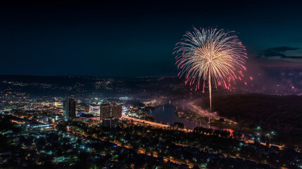 夏の夜、川に反射する美しい花火と都市の風景
