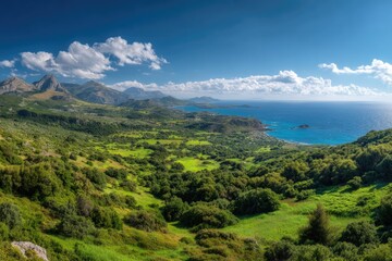 Naklejka premium Panoramic view of a verdant coastal valley, mountains rising in the background under a vibrant blue sky dotted with fluffy white clouds; the azure sea stretches to the horizon