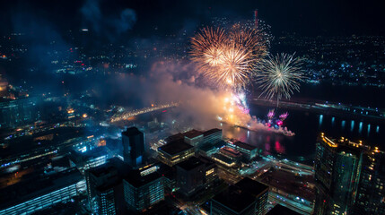 川辺に映る都会の夜景と打ち上げ花火