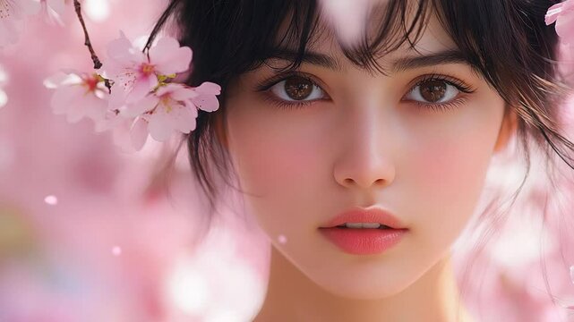 Beautiful Woman Cherry Blossoms Spring Portrait Japan.