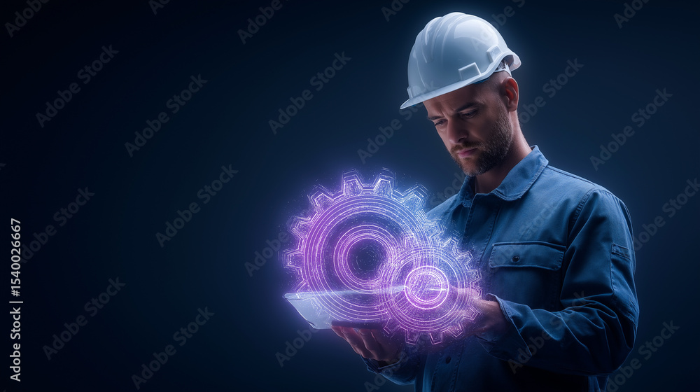 Poster engineer with 3d machine twin and tablet showcasing innovation in engineering