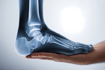 An advertising shot of a person's painful ankle, with a close-up of a hand holding the foot against a white background.
