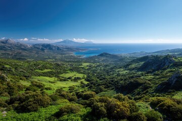 Naklejka premium Panoramic vista of a verdant valley nestled between mountains and a serene azure sea under a clear, bright sky