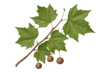 Botanical illustration of an american sycamore branch with its characteristic leaves and seed pods, isolated on a transparent background