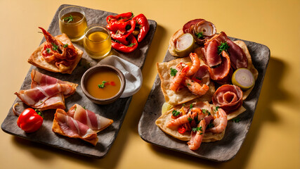 Basque pintxos with tortilla, anchovies, peppers, and cider served on a bright yellow surface. A festive, flavorful flat lay of Northern Spain&rsquo;s culinary tradition.