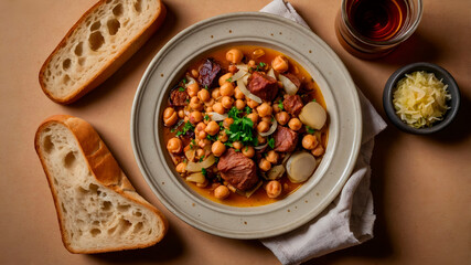Cocido madrile&ntilde;o with chickpeas, meats, and vegetables on a warm beige surface. A hearty, rustic Spanish dish captured in a wide flat lay with earthy richness.