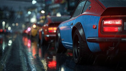 Rain-slicked city street, vintage sports cars parked in a row, reflecting lights