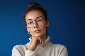 Fototapeta premium Young caucasian female with glasses posing against blue background