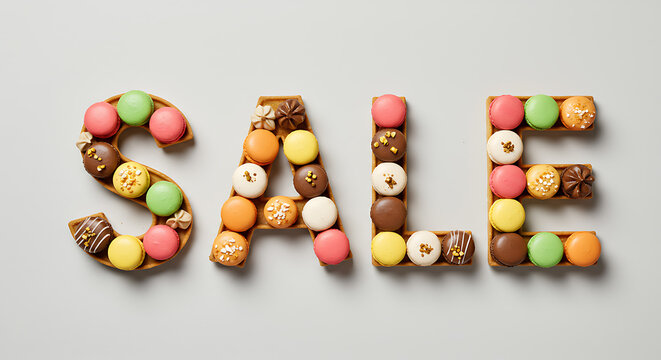 The word SALE spelled out with colorful French macarons and sweets in a pastry letter tray. Creative flat lay for a bakery or patisserie promotion. A delicious dessert advertisement.