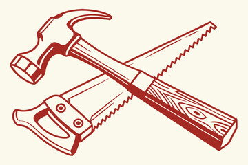 Obraz premium Vintage Hammer and Saw Illustration for Carpentry and Woodworking Projects