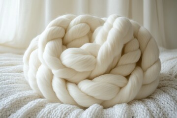 Merino wool blanket resting on a white knitted plaid in soft window light