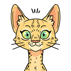 Cute Serval cat in Cartoon style, vector Illustration for children.