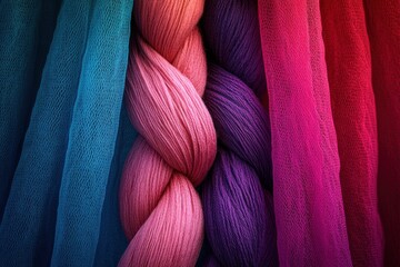 Braided pink and purple yarn strands hanging near colorful fabrics