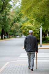 Obraz premium Elderly asian male walking on sidewalk with cane in parkland setting