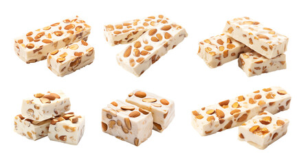 Collection of sweet nougat bars with roasted almonds isolated on a white background