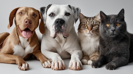 Obraz premium Group of cute domestic animals relaxing on a minimal white background in a friendly setting