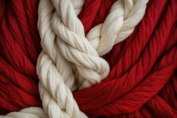 Thick white rope crossing red wool yarn creating an interesting pattern