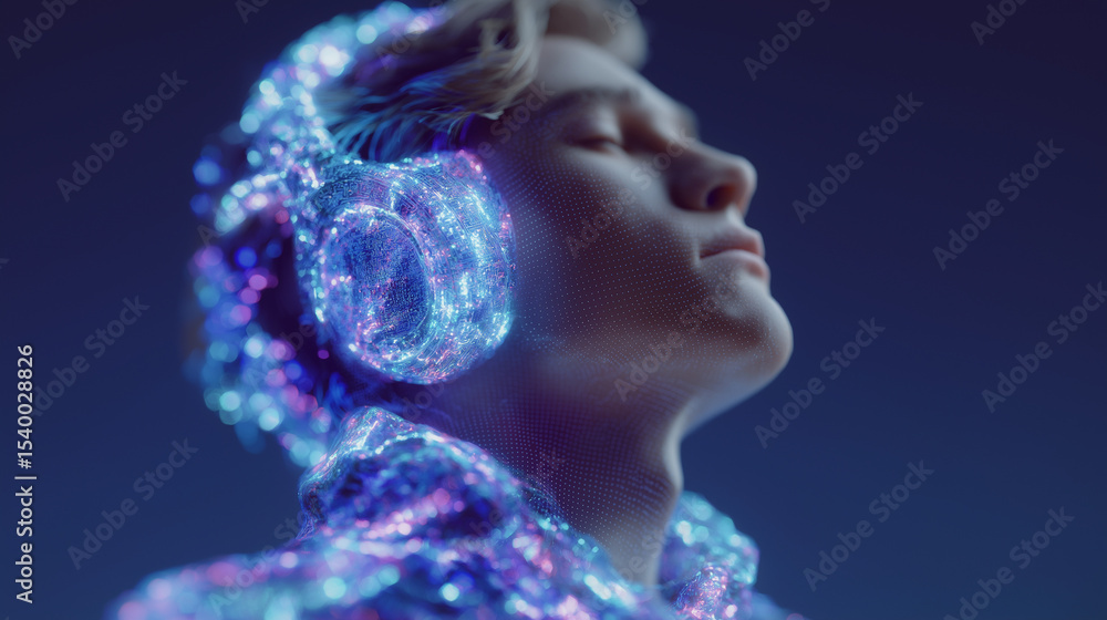 Aufkleber futuristic headset interface with vibrant light bands and computer connection