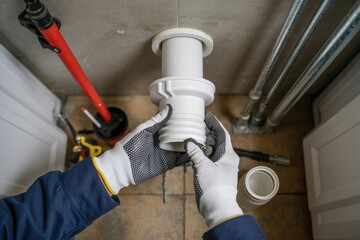 Plumber fixing drain pipe plumbing repair leak bathroom sink maintenance