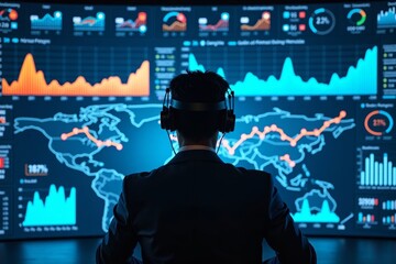 Visualizing Real-Time Financial and Operational Performance Metrics: Analyst Immersed in Data and Graphs with VR Headset