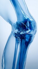 Detailed X-ray image of a knee joint in soft blue hues, capturing the bones, ligaments, and cartilage in clear, precise detail. The blue tones evoke a sense of serenity and sophistication