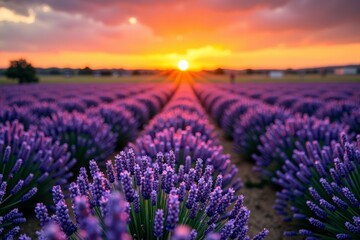 Obraz premium Sunset Over a Lavender Field Captured from Above