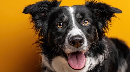 Fototapeta premium Smiling border collie posing cheerfully against a bright yellow background in a joyful setting