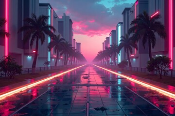 Neon Grids and Retro Synthwave Colors Illuminate a Cyberpunk Dusk