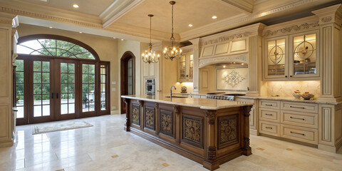 Classical home kitchen interior with a bar island and comfortable seats, a luxurious and elegant space for cooking and entertaining