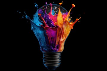 Colorful paint splashing inside a light bulb on black background