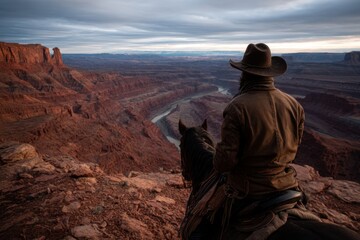 Cowboy riding horse admiring canyon landscape at sunrise in Utah, United States