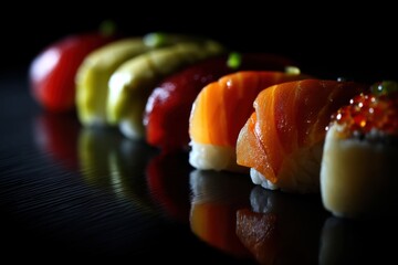 Colorful nigiri sushi resting on a black reflecting table