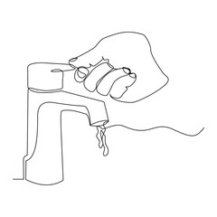 Continuous line hand holding water tap faucet sink bathroom and kitchen equipment household domestic sketch drawing editable stroke vector illustration