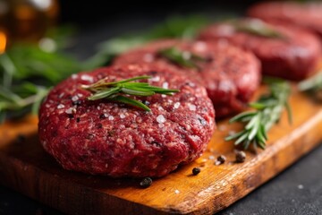 Fresh raw beef burger patties seasoned with salt, pepper and rosemary resting on wooden cutting board