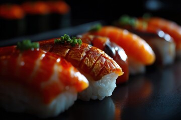 Delicious fresh salmon and grilled eel nigiri sushi resting on a dark plate