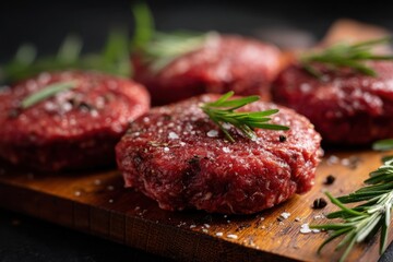 Raw beef burger patties seasoned with rosemary and salt on wooden cutting board