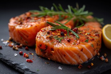 Fresh salmon steaks seasoned with herbs and spices lying on a slate plate